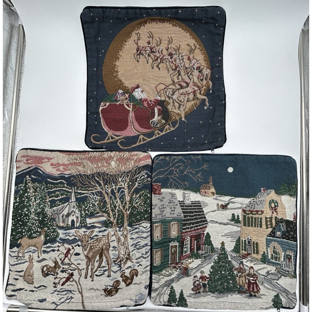 Christmas Tapestry Throw Pillow Santa Sleigh Snowy Village Wildlife 15X15 Lot 3